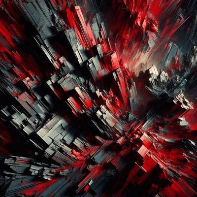 The primary subject of the image is a close-up of a red and black abstract art piece. The setting is a black and red background, which adds to the visual style. The artwork appears to be a digital illustration or a painting, showcasing a unique and intricate design. The dominant colors in the image are red and black, creating a bold and striking visual effect.